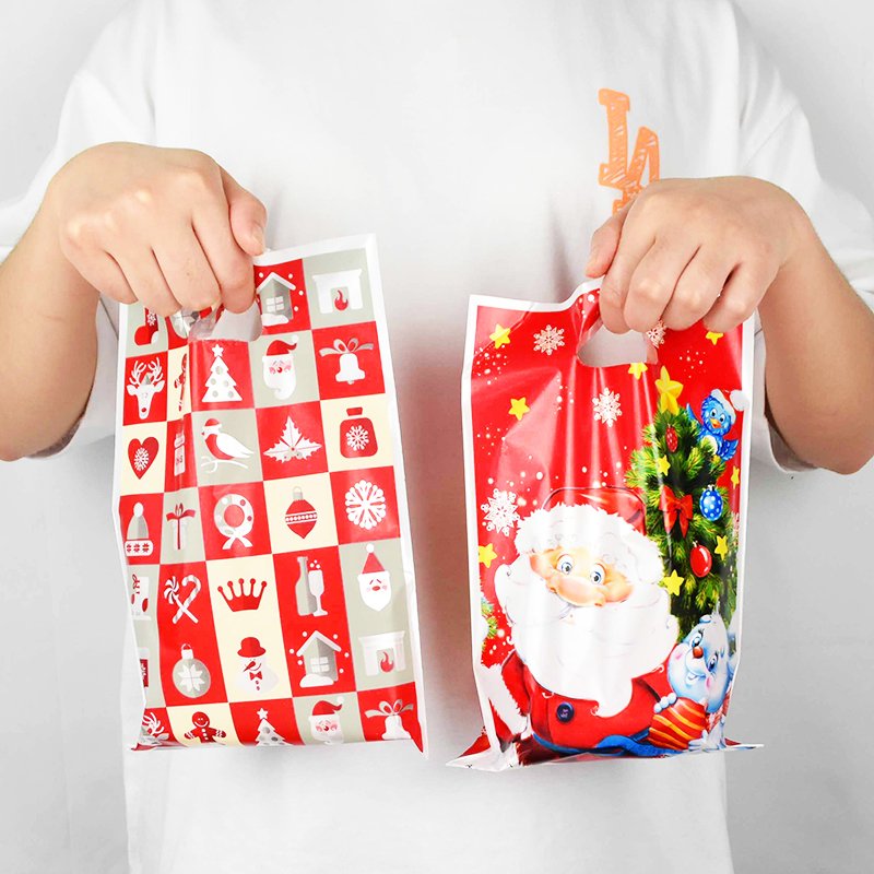 Merry Christmas Plastic Handle Bag Cake Cookies Candy Packing Gift Bags Holiday Packaging Supplies Xmas Decoration