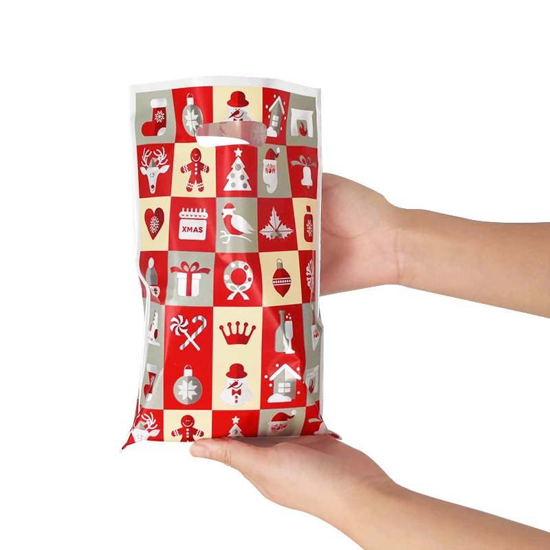 Merry Christmas Plastic Handle Bag Cake Cookies Candy Packing Gift Bags Holiday Packaging Supplies Xmas Decoration
