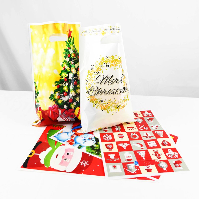 Merry Christmas Plastic Handle Bag Cake Cookies Candy Packing Gift Bags Holiday Packaging Supplies Xmas Decoration