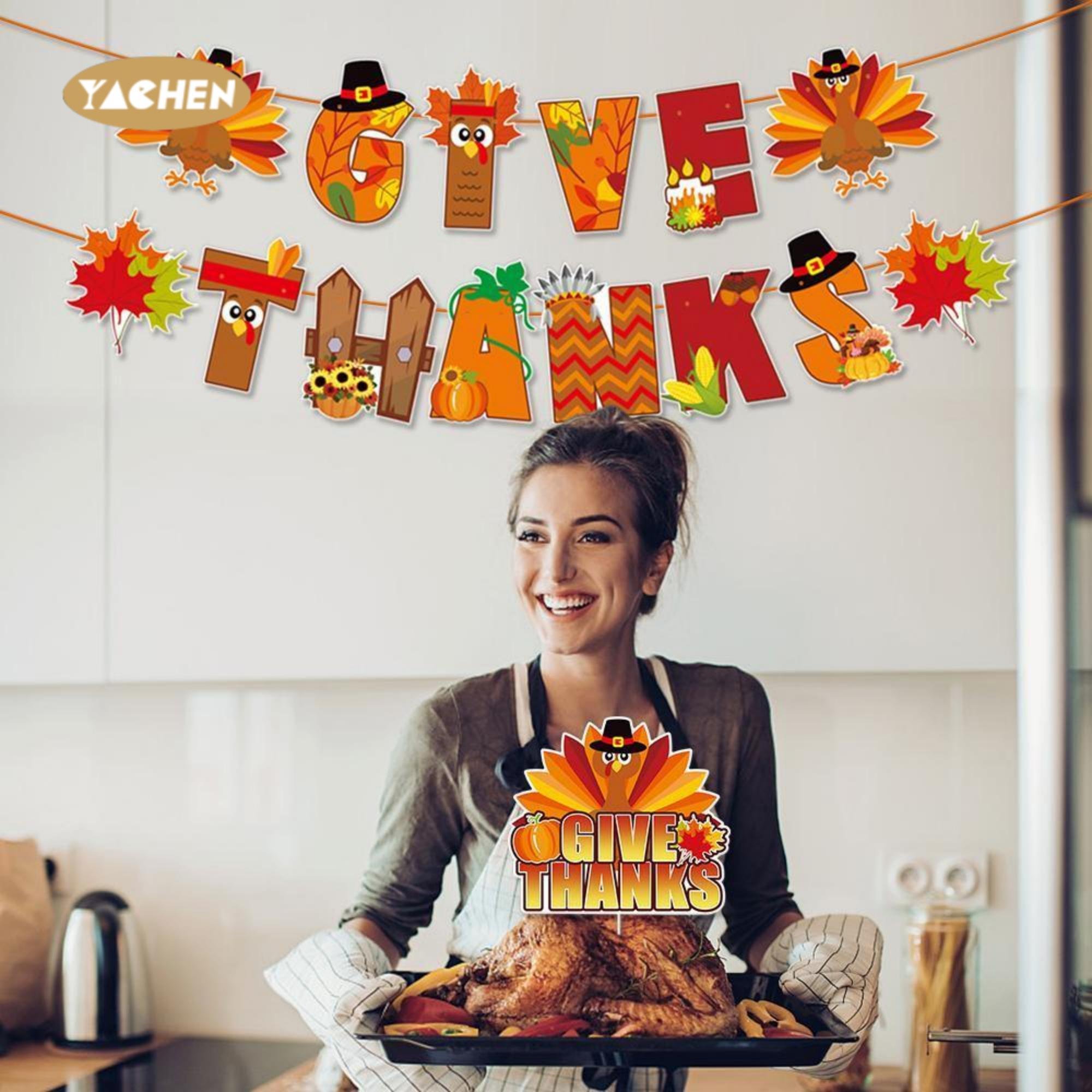 Yachen Give Thanks Colorful Fall Banner Thanksgiving Day Banner Thankful Banner Decoration for Outdoor Indoor Porch