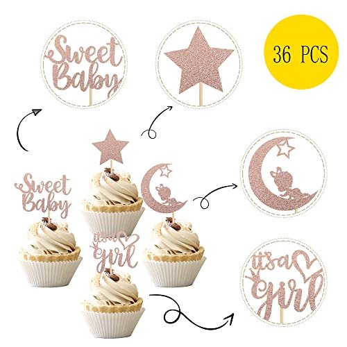 Baby Shower Decorations with Rose Gold Glitter Star It's a Girl Cupcake Toppers for Kid's Birthday Gender Reveal Party Supplies
