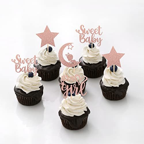 Baby Shower Decorations with Rose Gold Glitter Star It's a Girl Cupcake Toppers for Kid's Birthday Gender Reveal Party Supplies
