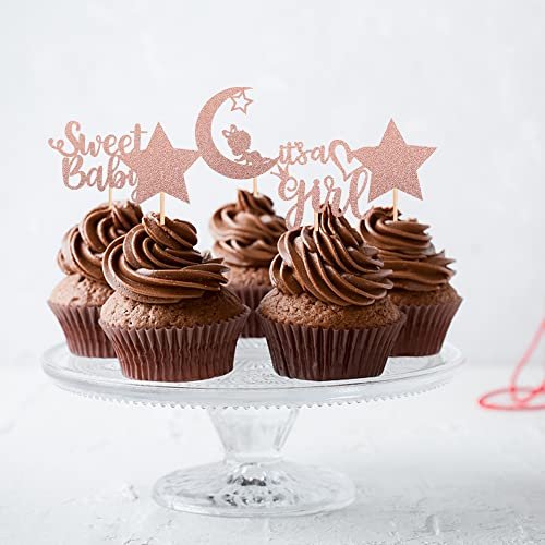 Baby Shower Decorations with Rose Gold Glitter Star It's a Girl Cupcake Toppers for Kid's Birthday Gender Reveal Party Supplies