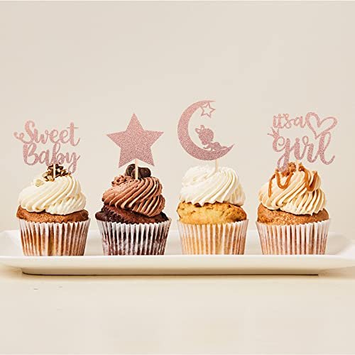 Baby Shower Decorations with Rose Gold Glitter Star It's a Girl Cupcake Toppers for Kid's Birthday Gender Reveal Party Supplies