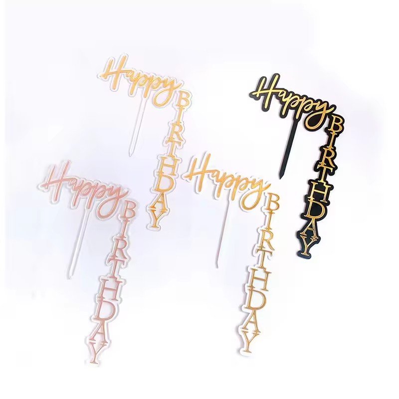 Wholesale Happy Birthday Cake Topper -Black Gold Rose Acrylic Double layer Birthday Cake Decoration for party holiday supplies