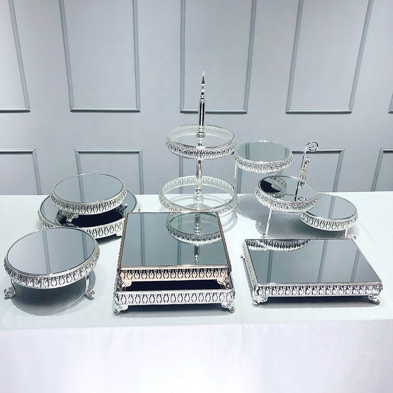 Round Cake Decorations Supplies Dessert Table Cupcake Display Tray Mirror Cake Stand Set for Wedding Birthday