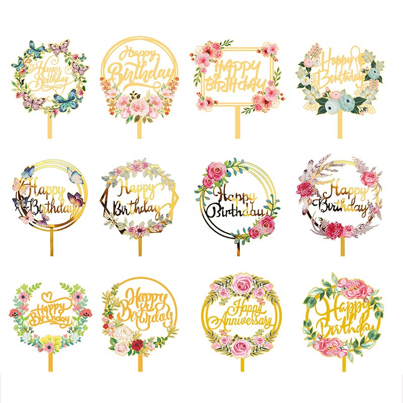 Hot Sell Happy Birthday Wedding Anniversary Party Glitter Gold Silver Style Flower Cake Insert Acrylic Cake Topper