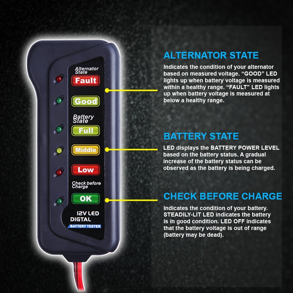 6 LED Indictors 12V Auto Car Battery Tester Mate and Alternator Automotive Load Detector for Checking The Battery Conditions