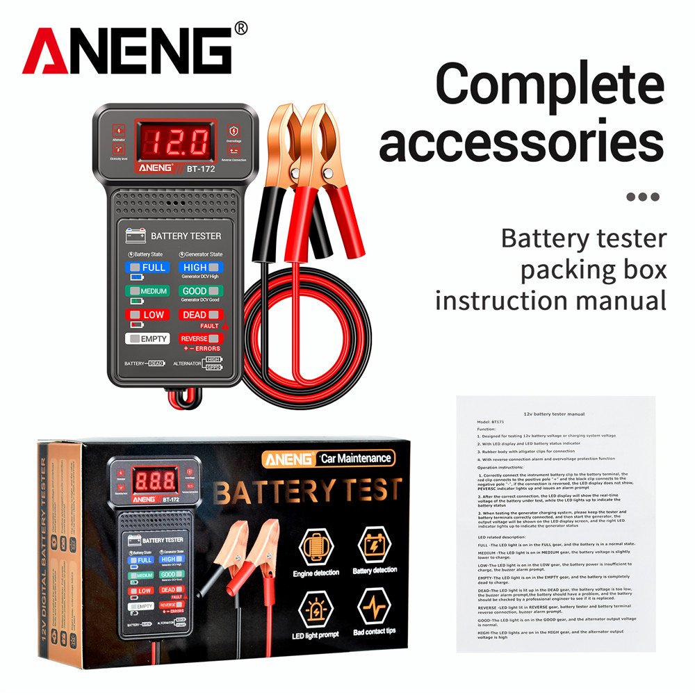 ANENG BT-172 12V Multifunctional Battery Testers LED Reverse Display Screen Auto Repair Industry Electrician Tester Tools