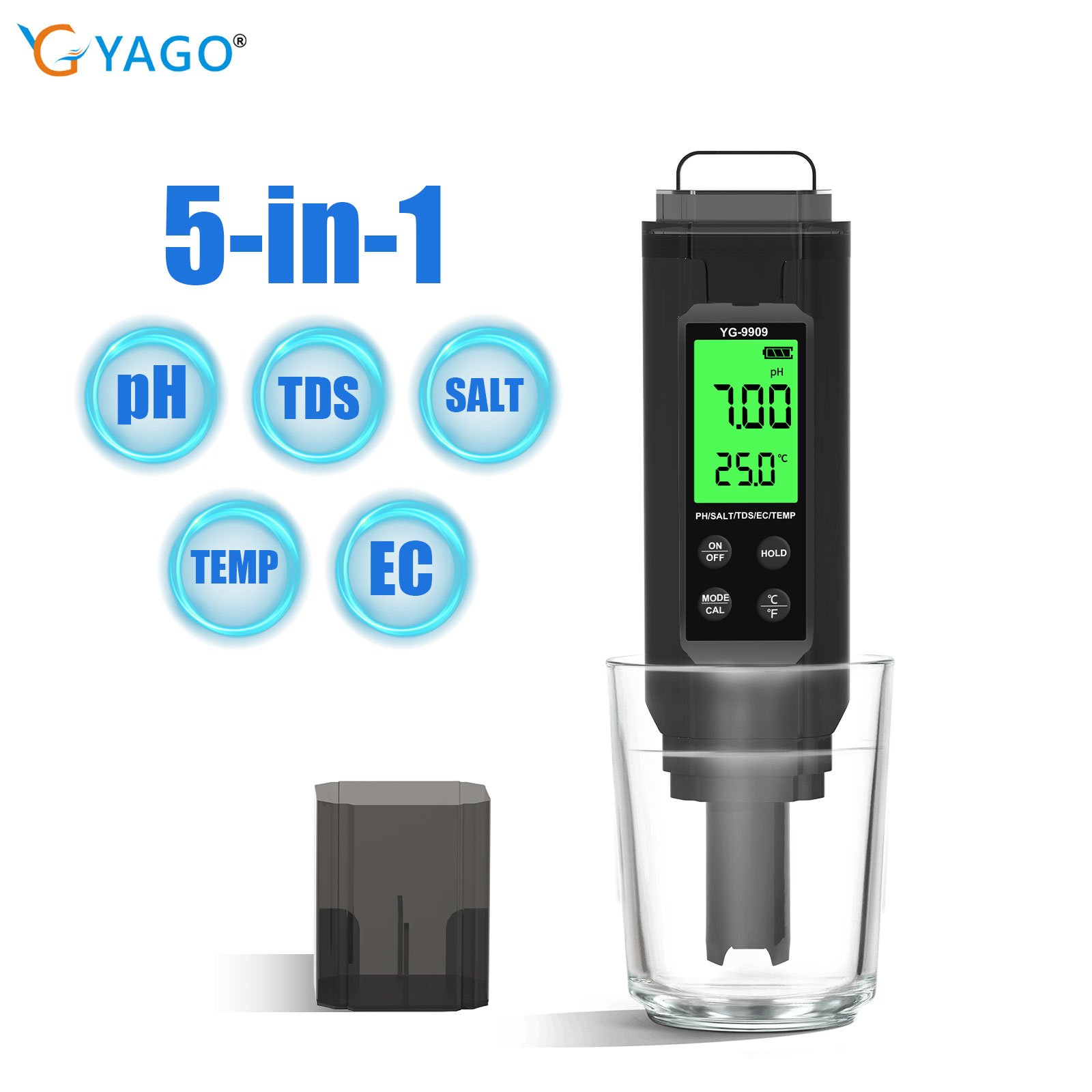 YG-9909 5-in-1 Pool Salt Tester Digital pH/TDS/EC/Salinity/Temp Meter pH and Salt Meter for Aquariums Drinking Water