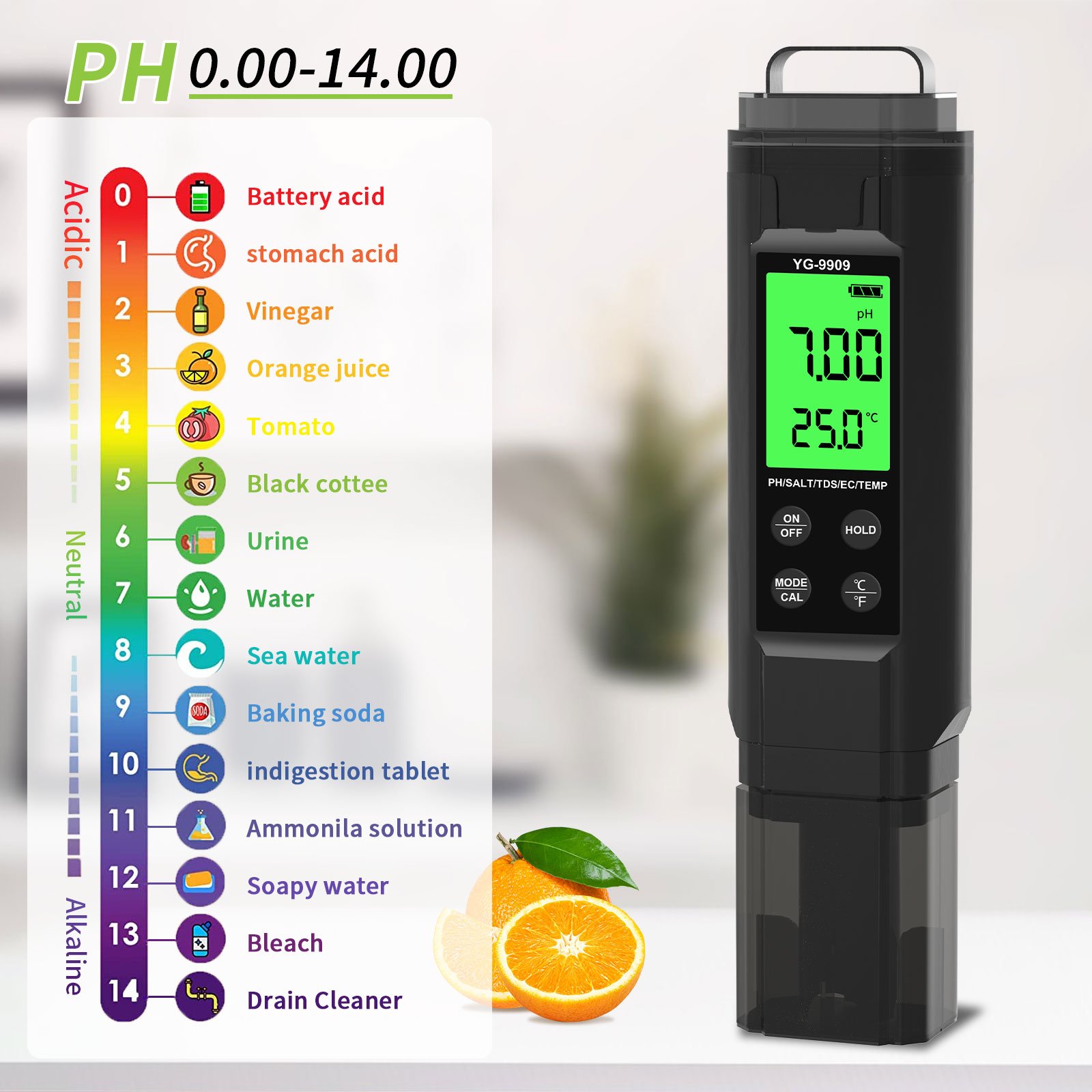 YG-9909 5-in-1 Pool Salt Tester Digital pH/TDS/EC/Salinity/Temp Meter pH and Salt Meter for Aquariums Drinking Water