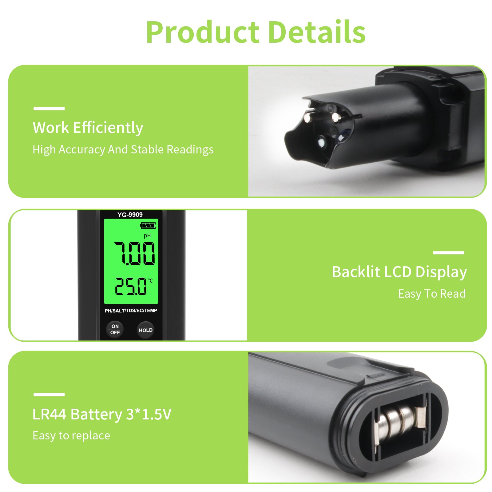 YG-9909 5-in-1 Pool Salt Tester Digital pH/TDS/EC/Salinity/Temp Meter pH and Salt Meter for Aquariums Drinking Water