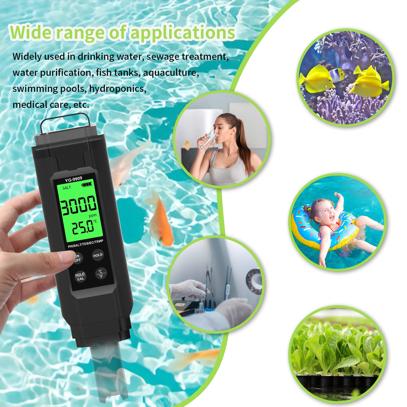 YG-9909 5-in-1 Pool Salt Tester Digital pH/TDS/EC/Salinity/Temp Meter pH and Salt Meter for Aquariums Drinking Water