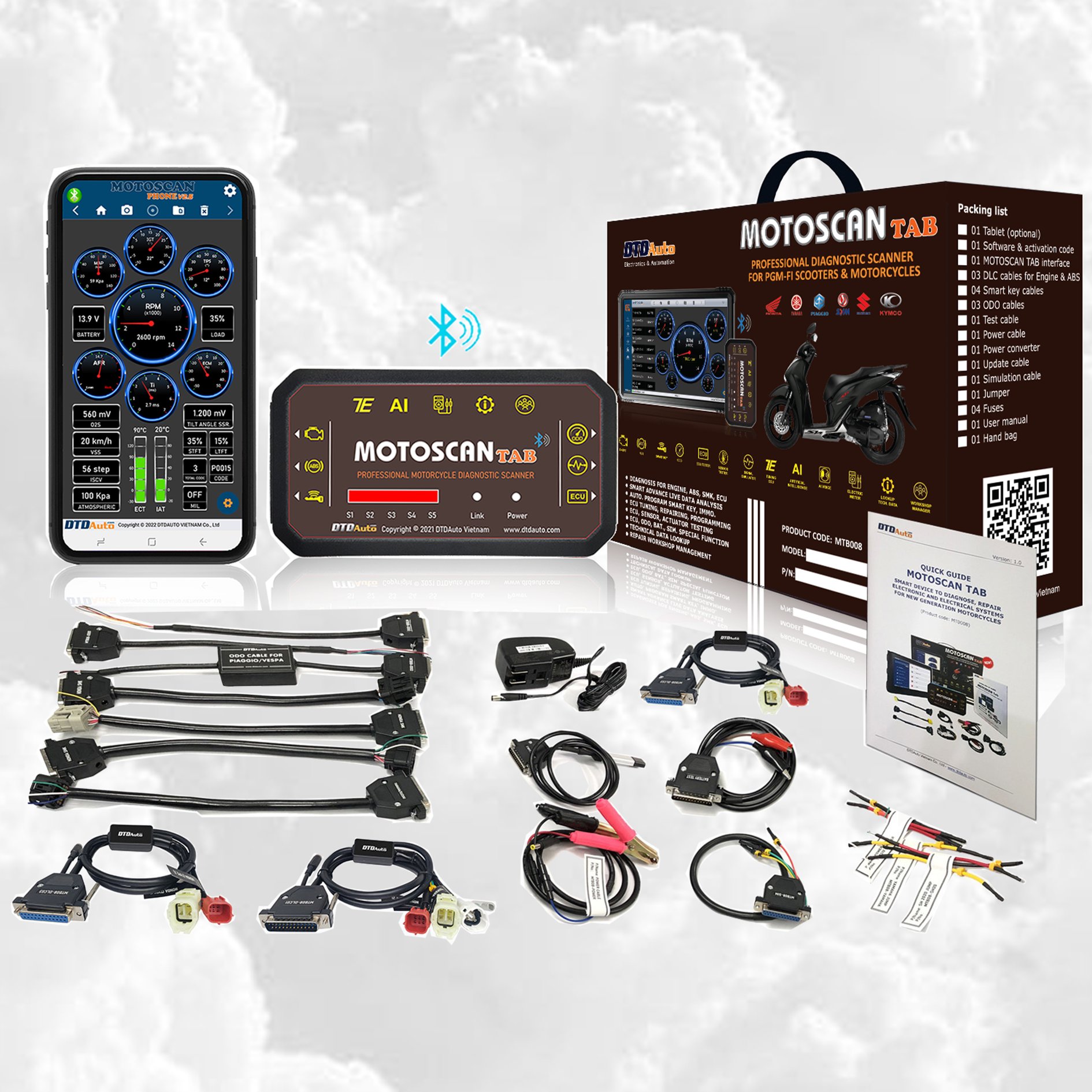 DTDAUTO MOTOSCAN PHONE - DIAGNOSTIC TOOL AUTOMATIC CONNECT TO ENGINE PART: ADDED FOR NEW VEHICLES: HONDA, YAMAHA, PIAGGIO, VESPA