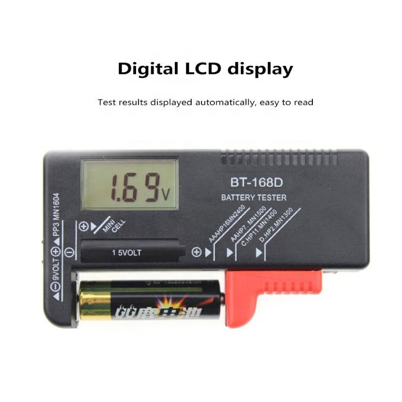 Universal Battery Tester BT-168D with LCD Display for AA/AAA/C/D/9V/1.5V Button Cell Batteries