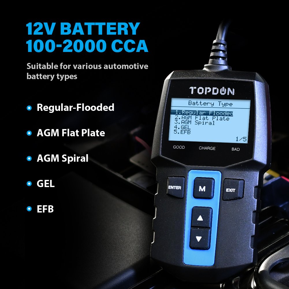 TOPDON BT100 100-2000CCA Flooded AGM Gel EFB VRLA 12V Automotive Motorcycle Car Digital Load Battery Tester Analyzer