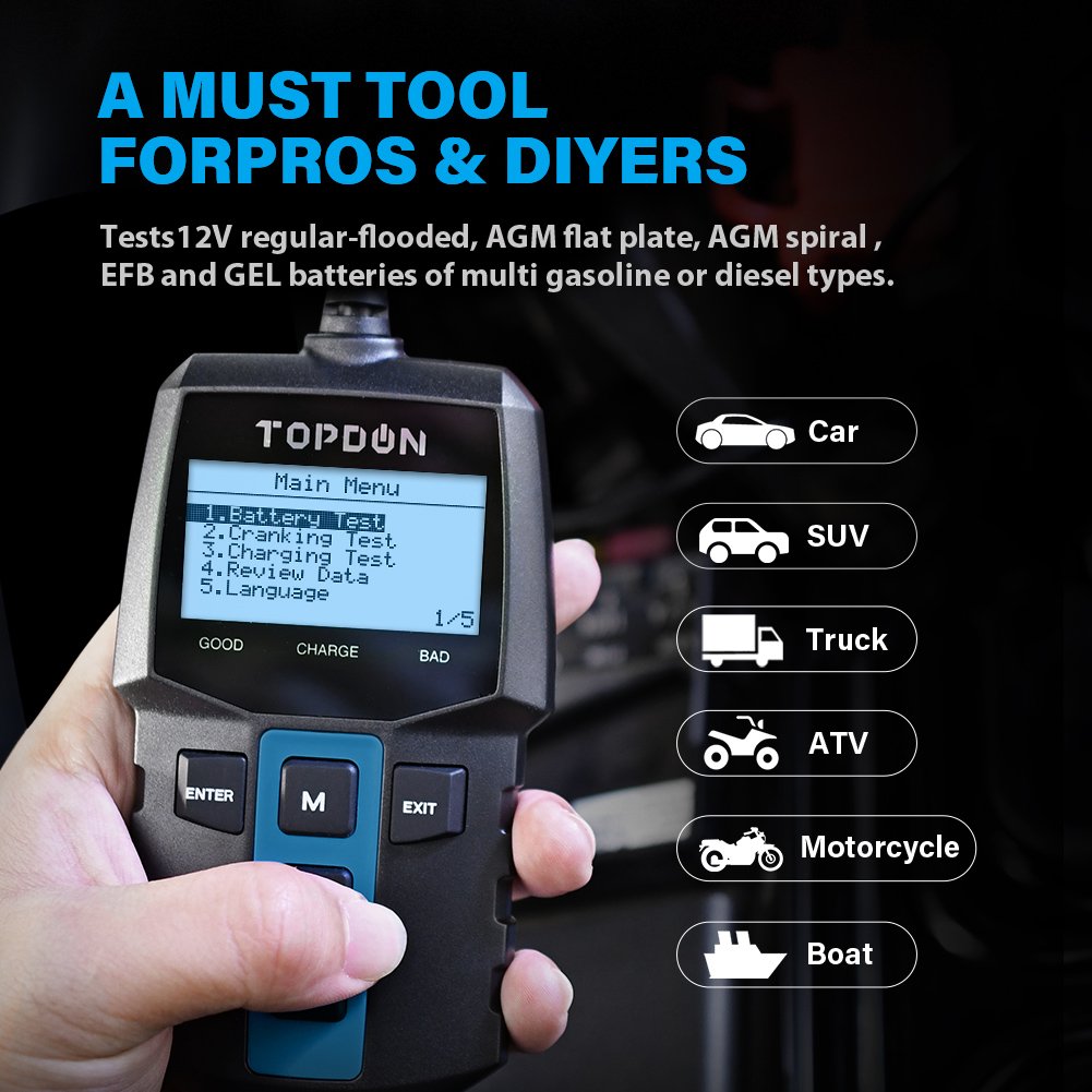 TOPDON BT100 100-2000CCA Flooded AGM Gel EFB VRLA 12V Automotive Motorcycle Car Digital Load Battery Tester Analyzer