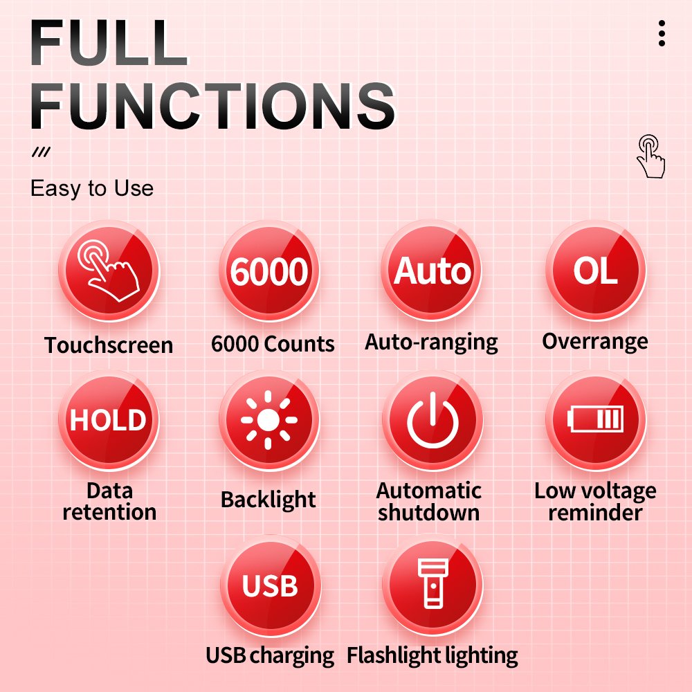 5.0" Colorful Full Touchscreen Displaying Auto-ranging 6000 Counts Smart Digital Multimeter Multi Tester Rechargeable