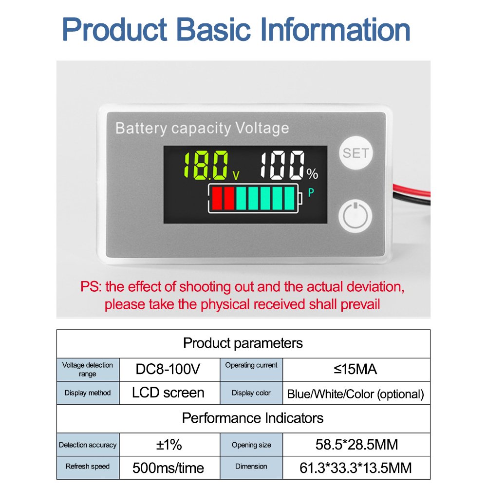 6133A DC8-100V Battery Capacity Indicator LCD Electricity Meter Lead-acid Lithium LiFe PO4 Voltage Tester for Car Motorcycle