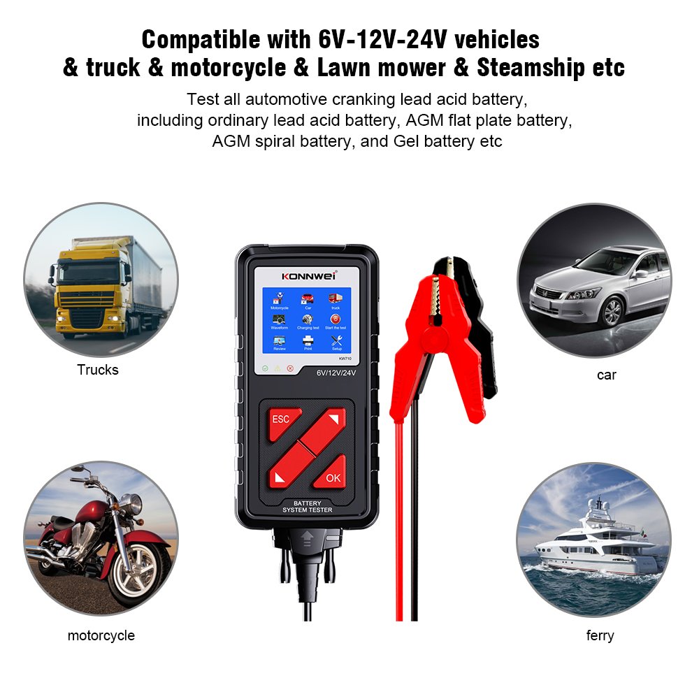 6V 12V Intelligent Auto Battery Capacity Tester 24V Car Battery Voltage Testers Konnwei KW710 Automotive Battery Checker