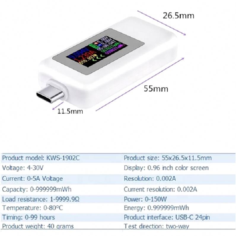 USB Type-C Tester 0-5A Current 4-30V Voltage Digital Connector Power Bank Charger Socket Plug Tester KWS-1902C