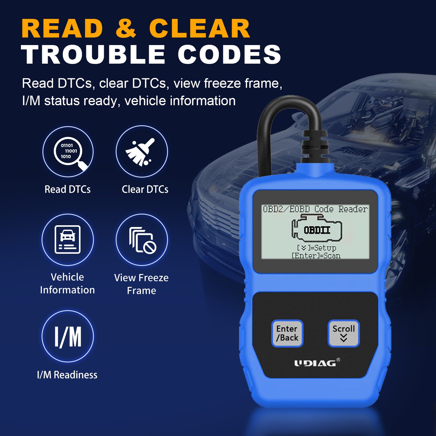 UDIAG OBDII Auto Code Reader Car Scanner ABS Plastic Diagnostic Scan Tool for Check Engine Light English Car Analyzer
