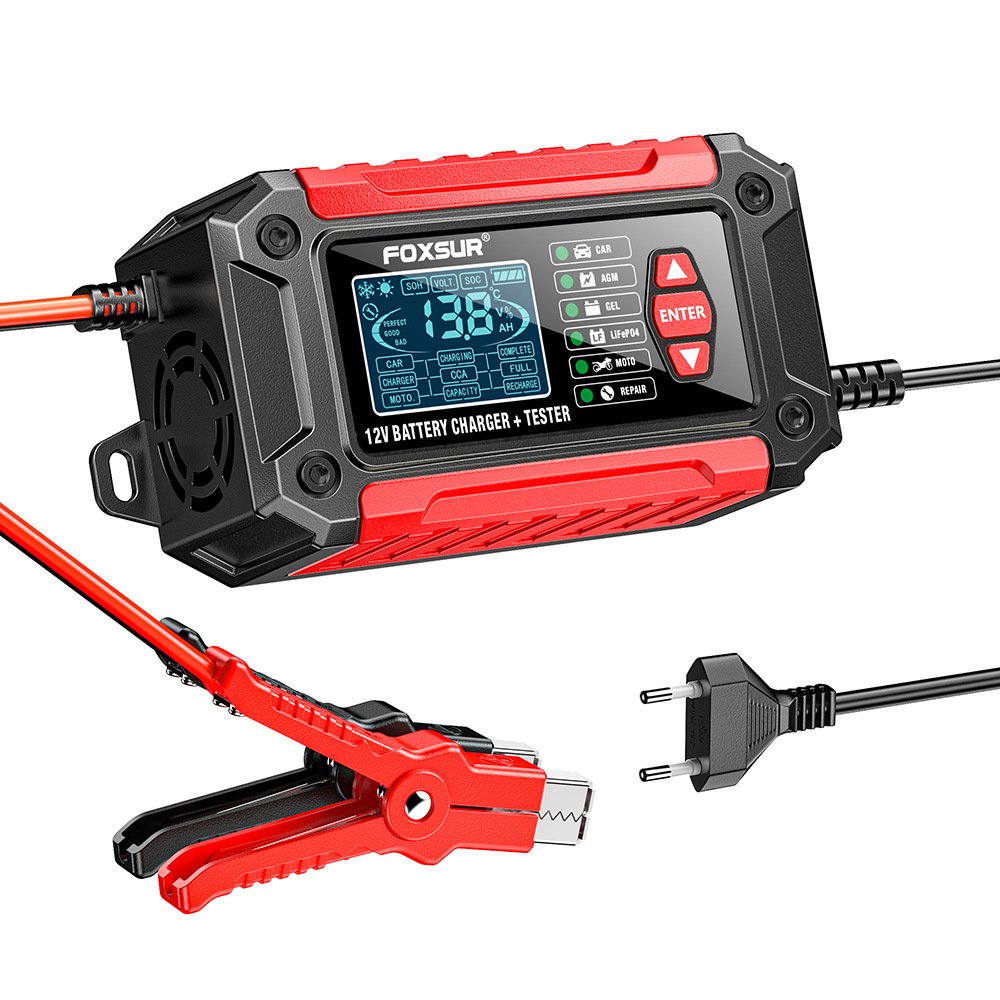 FOXSUR 2 in 1 Lead Acid LiFePO4 12V 6A Battery Charger & Lead Acid Battery Tester Battery Detector analyzer