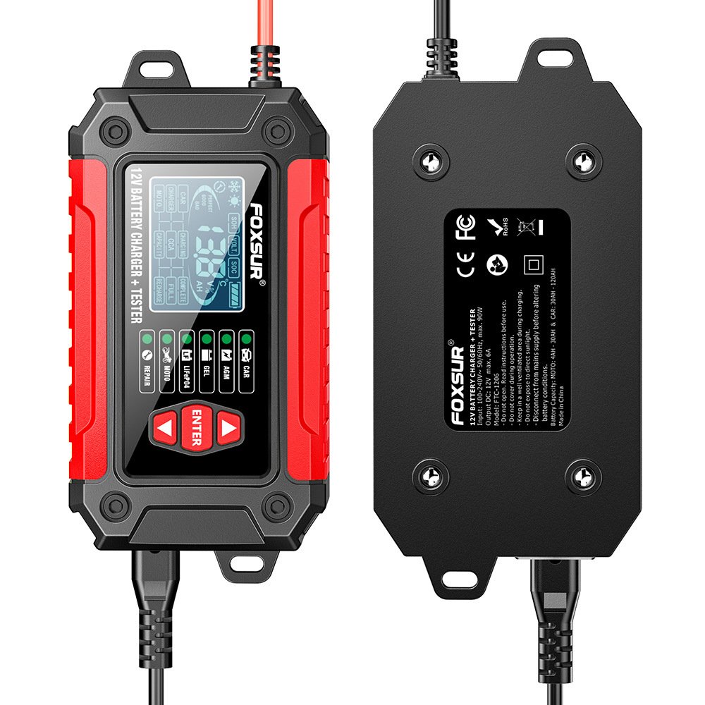 FOXSUR 2 in 1 Lead Acid LiFePO4 12V 6A Battery Charger & Lead Acid Battery Tester Battery Detector analyzer