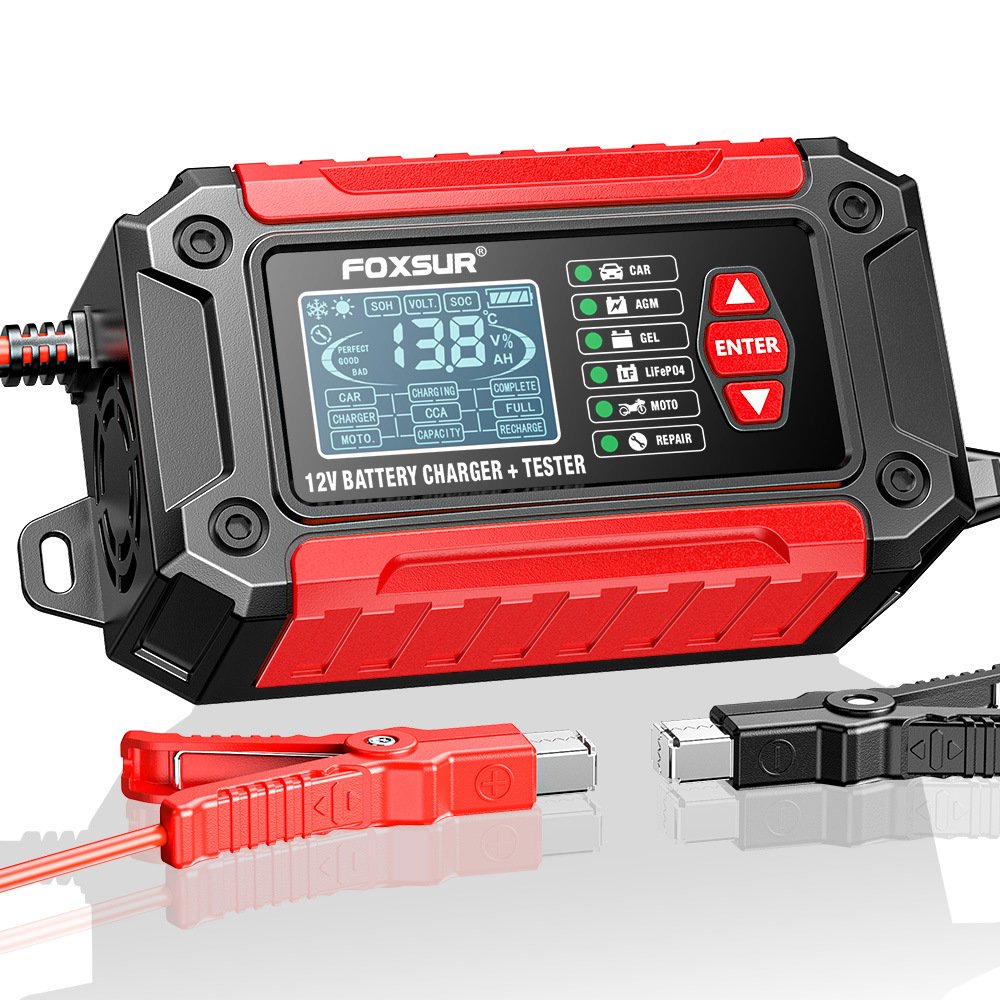 FOXSUR 2 in 1 Lead Acid LiFePO4 12V 6A Battery Charger & Lead Acid Battery Tester Battery Detector analyzer