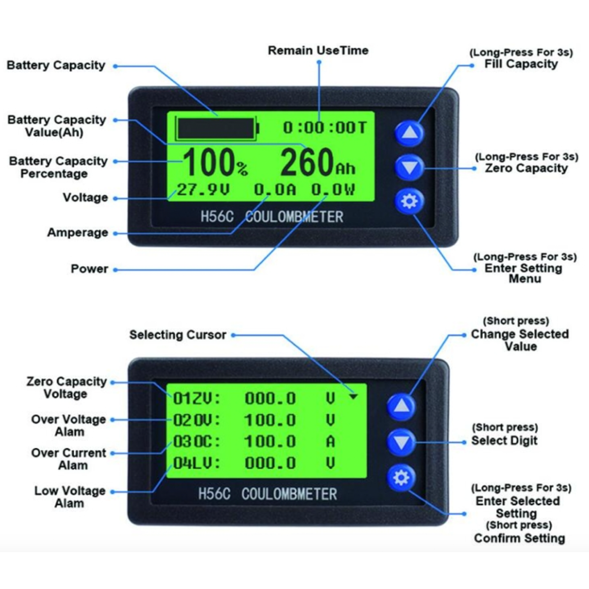 Battery Monitor Hall Sensor Coulomb Tester DC 9~100v 100A/400A Digital Voltmeter Ammeter Battery AH Voltage Meter Coulometer