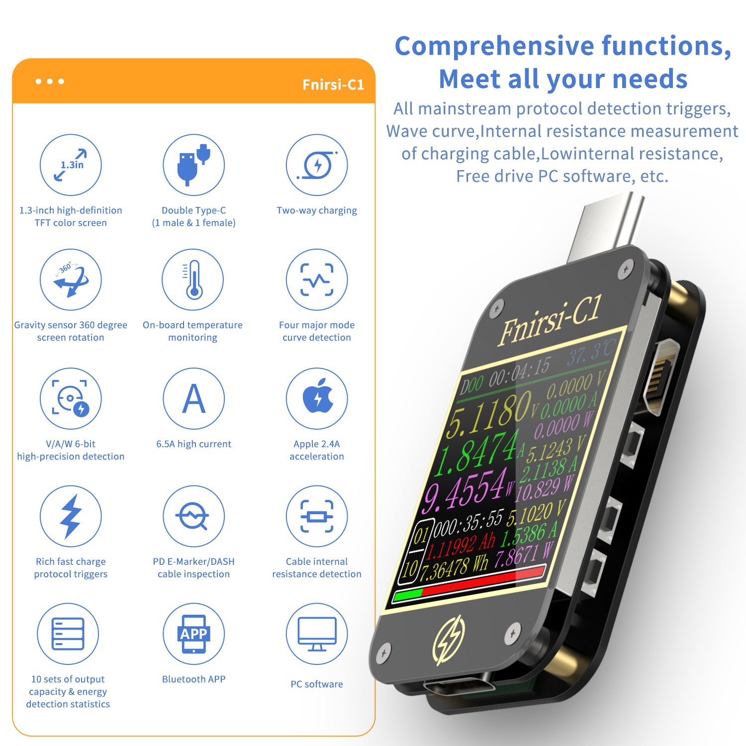 Good quality FNIRSI C1 automatic trigger multiple fast charging protocols USB tester without bluetooth
