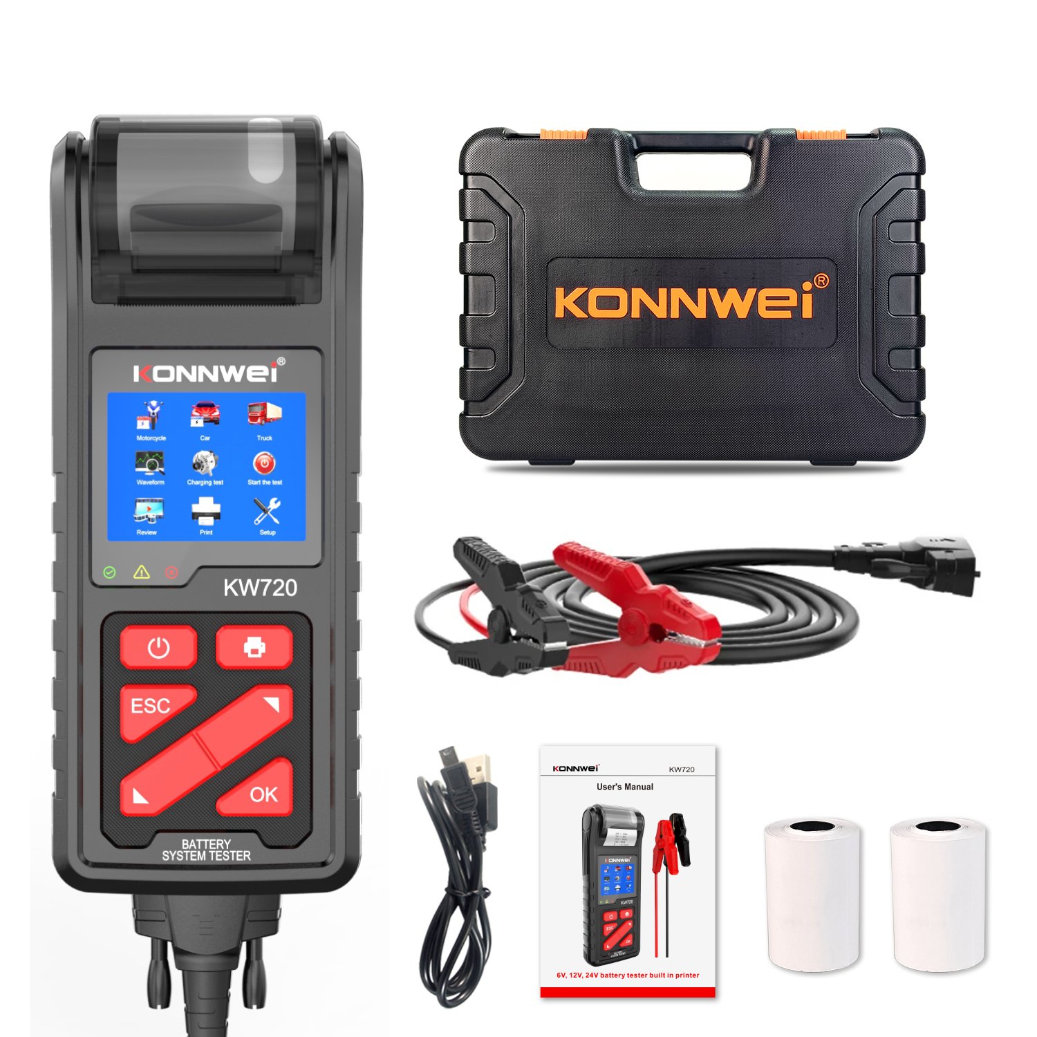 Factory Konnwei KW720 12v 24v car battery tester with printer professional automotive diagnostic tools for automotive mechanic