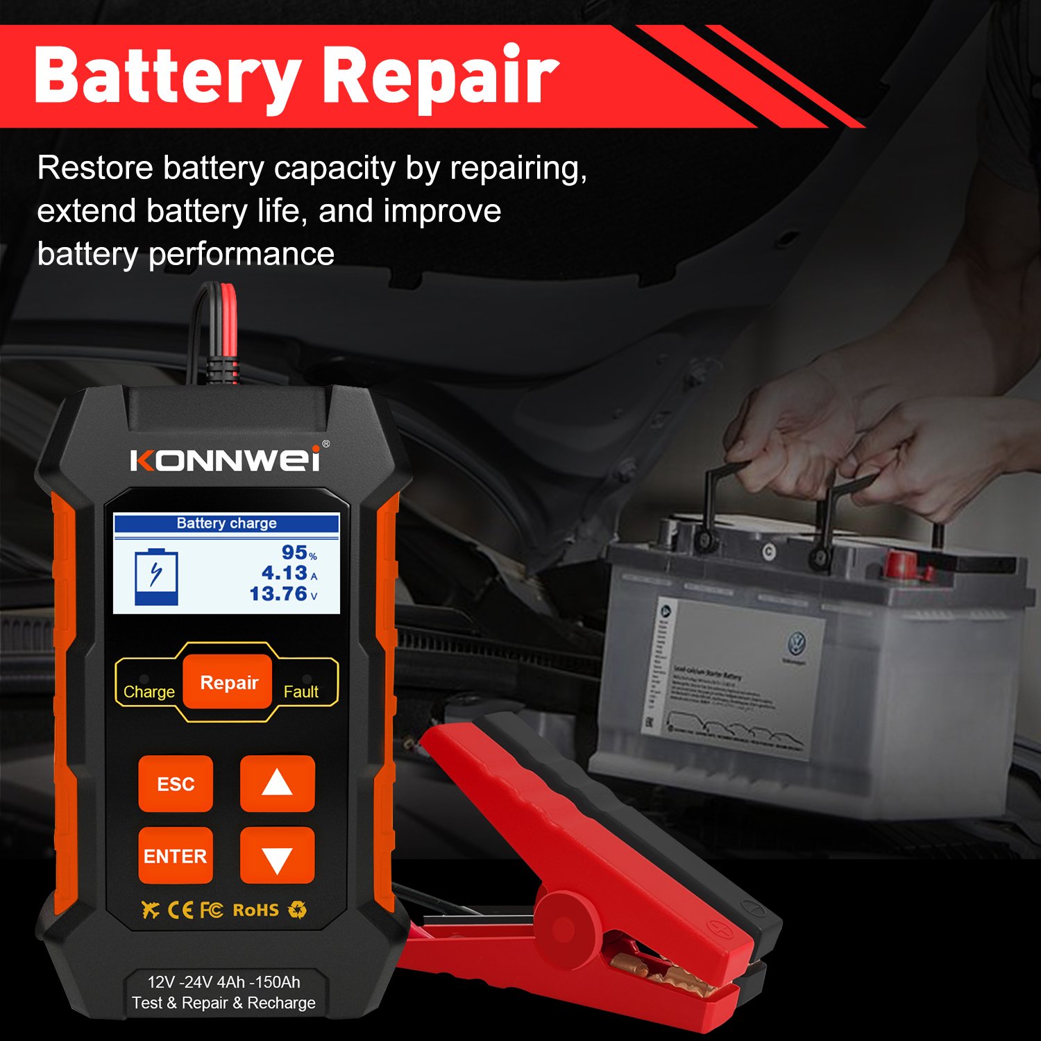 Konnwei kw520 car battery charger 12V 24V 5A 10A multiple function tools pulse repair battery charger and tester
