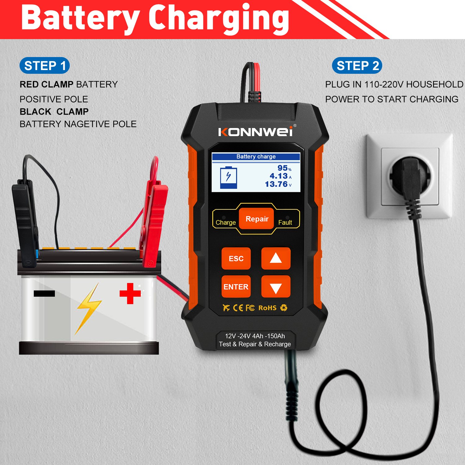 Konnwei kw520 car battery charger 12V 24V 5A 10A multiple function tools pulse repair battery charger and tester