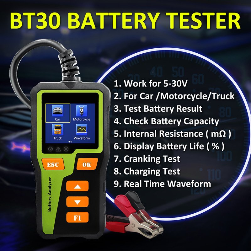 Acclope BT30 Battery Analyzer Work for Car/Motor/Truck Automotive Tools 6V 12V 24V 2.36 Inch Color Screen Battery Tester