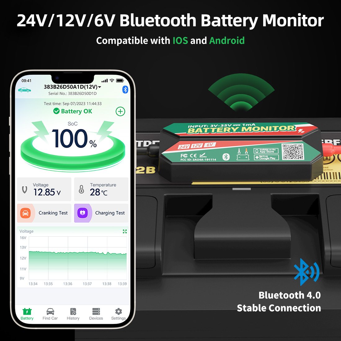 Battery Monitor QUICKLYNKS bm7 4.0 bluetooth Connect APP to manage GPS record track for 6V 12V 24V car lithium lead-acid battery