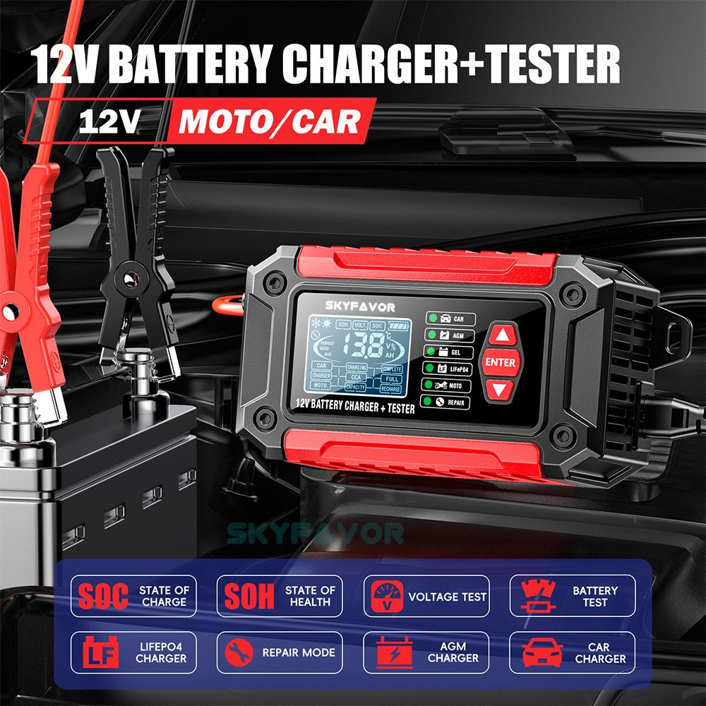 Multi-function 12V battery charger 12V 6A lifepo4 gel agm Motorcycle car battery charger & battery tester & pulse repair