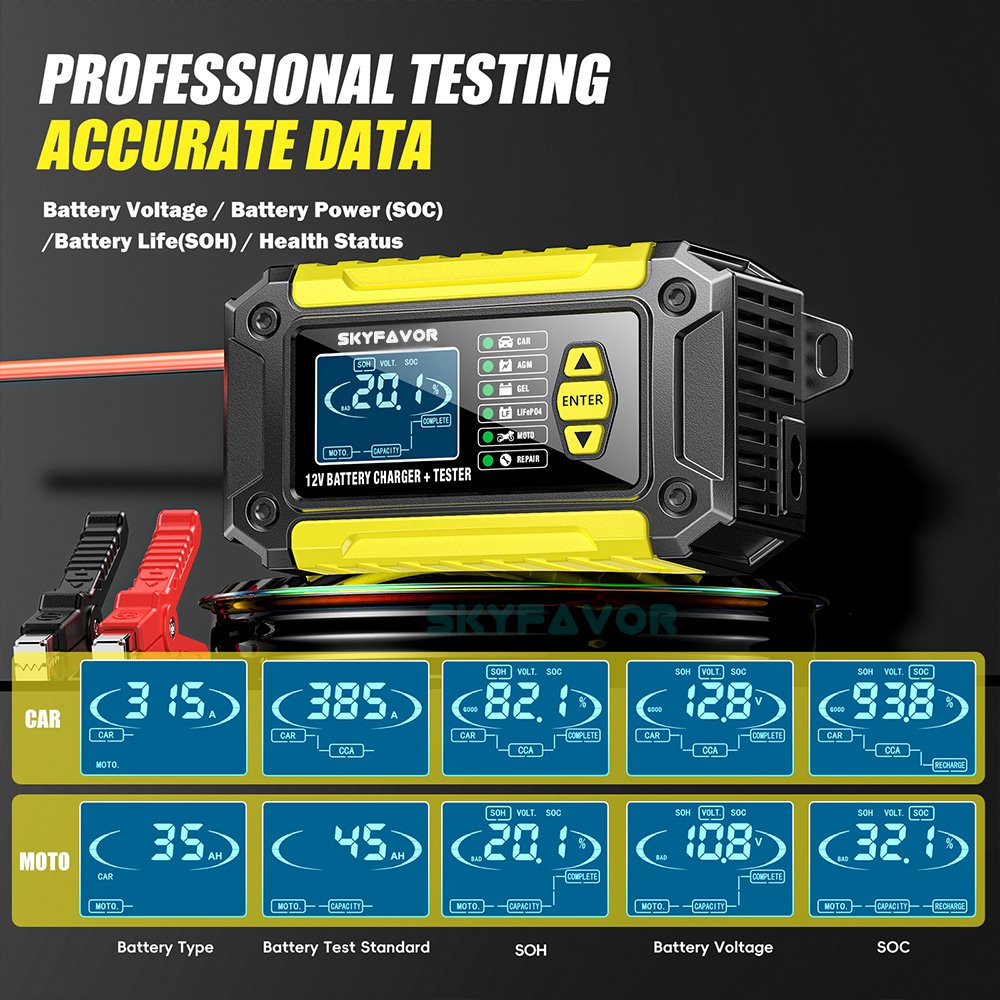 Multi-function 12V battery charger 12V 6A lifepo4 gel agm Motorcycle car battery charger & battery tester & pulse repair