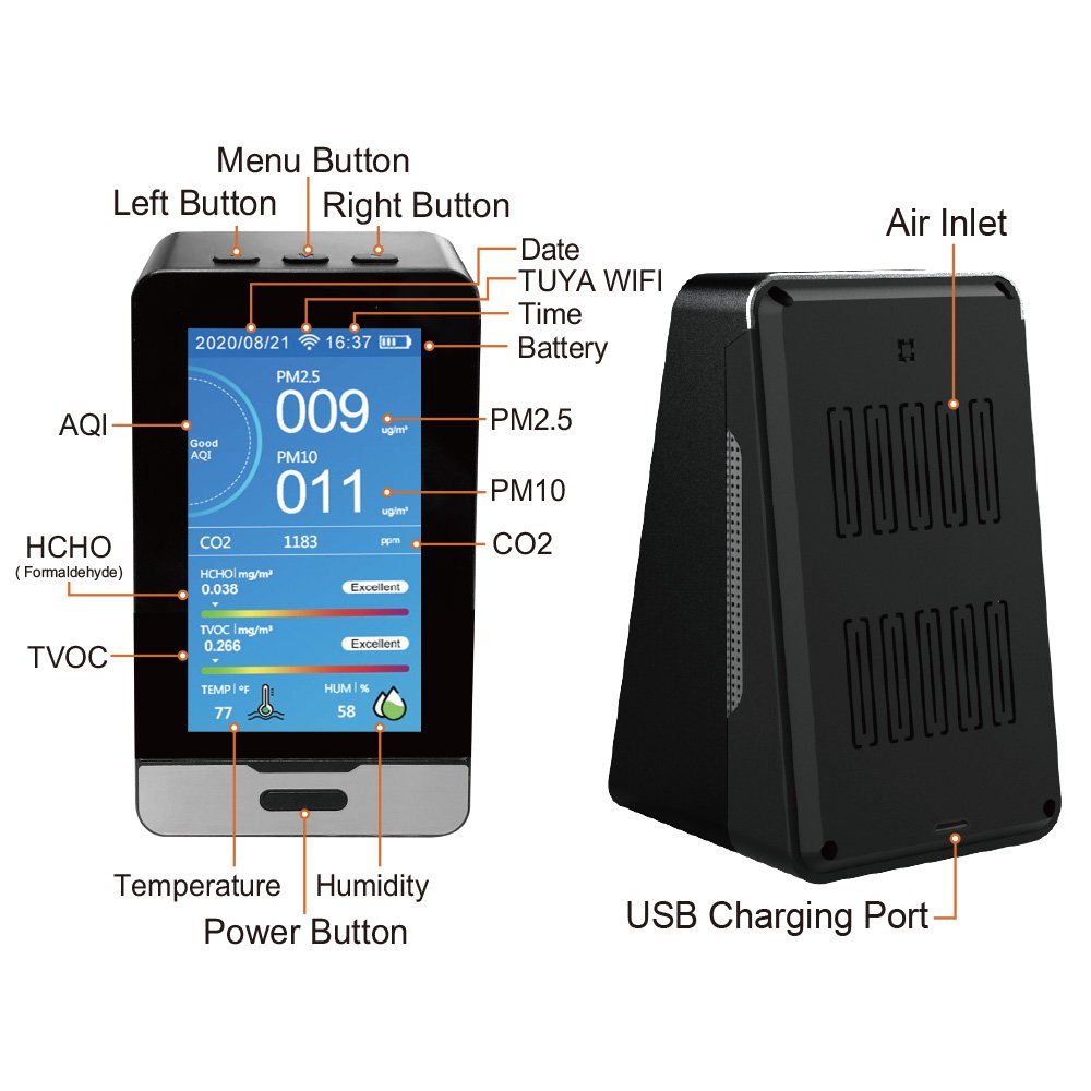 Tuya wifi connect CO2 meter PM2.5 detector PM2.5 CO2 gas analyzers HCHO TVOC tester CO2 detector air quality monitor