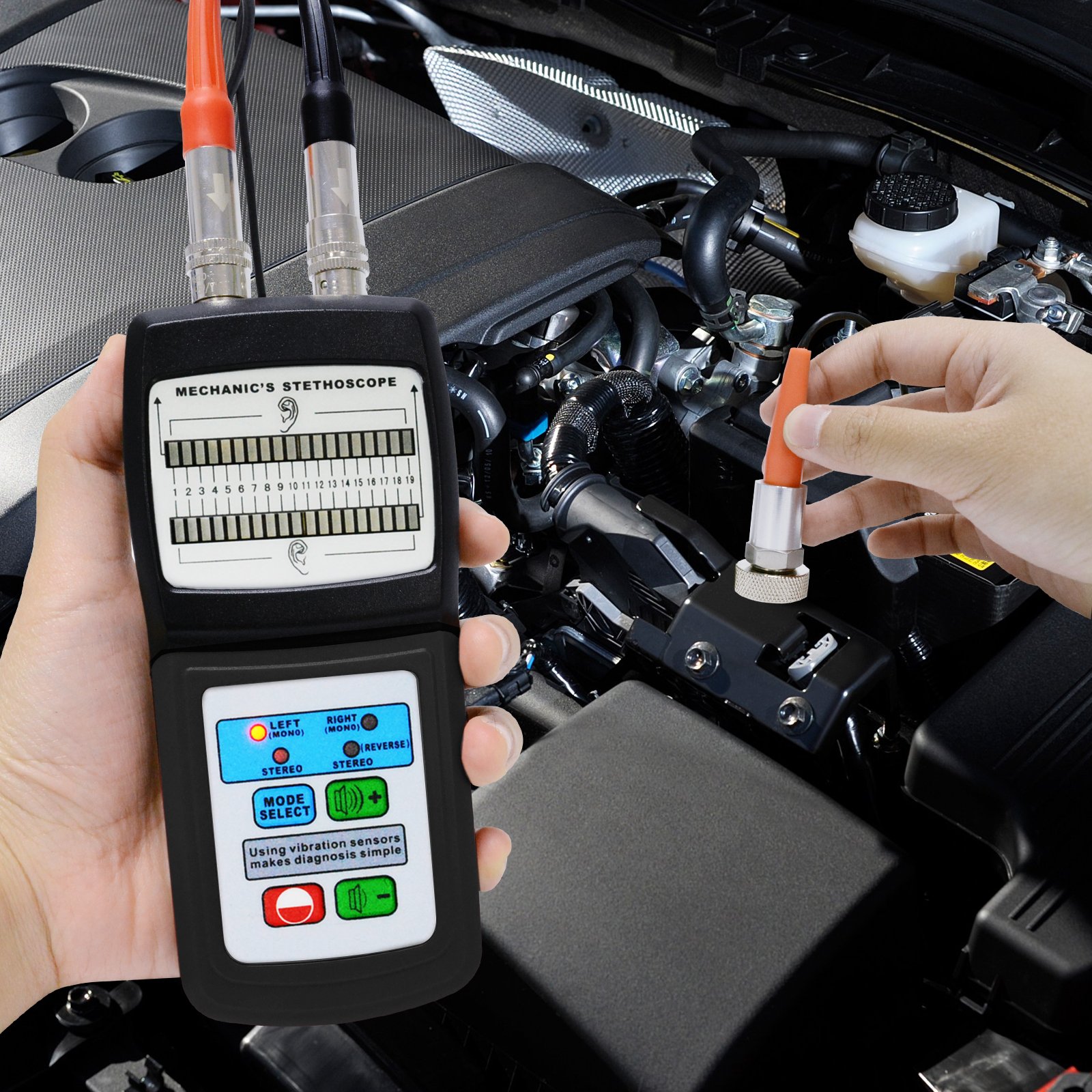 Digital Mechanic's Engine Stethoscope with Headphone & 2 Separate Sensor Probe, 10~10K Hz Sound Noise Detection Automotive Tool