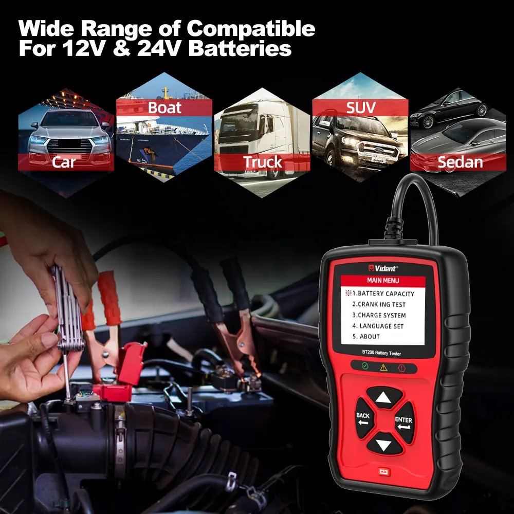 VIDENT iBT200 12V 24V Car Battery Tester 100-2000CCA Battery System Capacity Charge System Test Auto Battery Analyzer