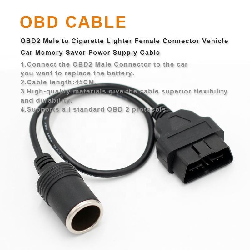 OBD 2 cable to Cigarette Lighter Female Connector Power Supply Cable for Vehicle Car Memory Saver