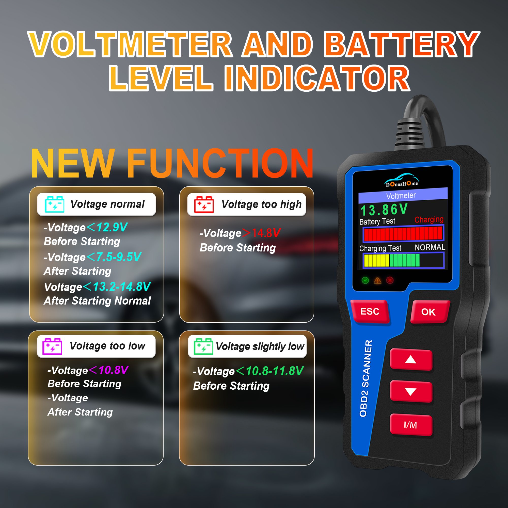 3-in-1 OBD2 Engine Fault Code Reader Battery Level Indicator Voltmeter Freeze Frame DTC Lookup I/M Readiness Cranking Test