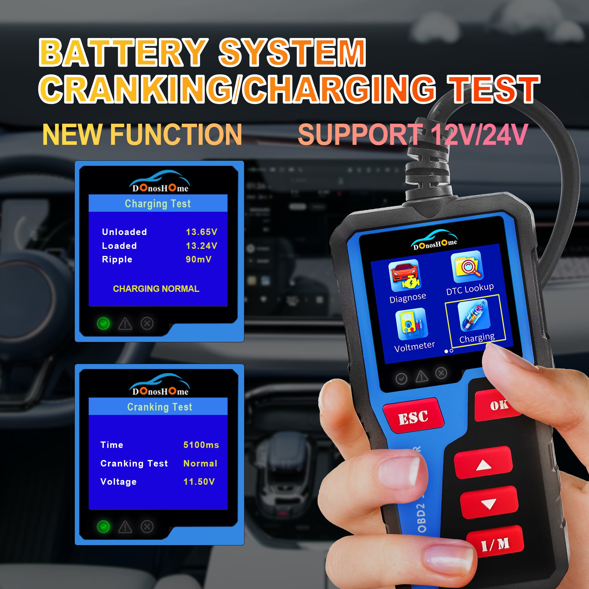 3-in-1 OBD2 Engine Fault Code Reader Battery Level Indicator Voltmeter Freeze Frame DTC Lookup I/M Readiness Cranking Test