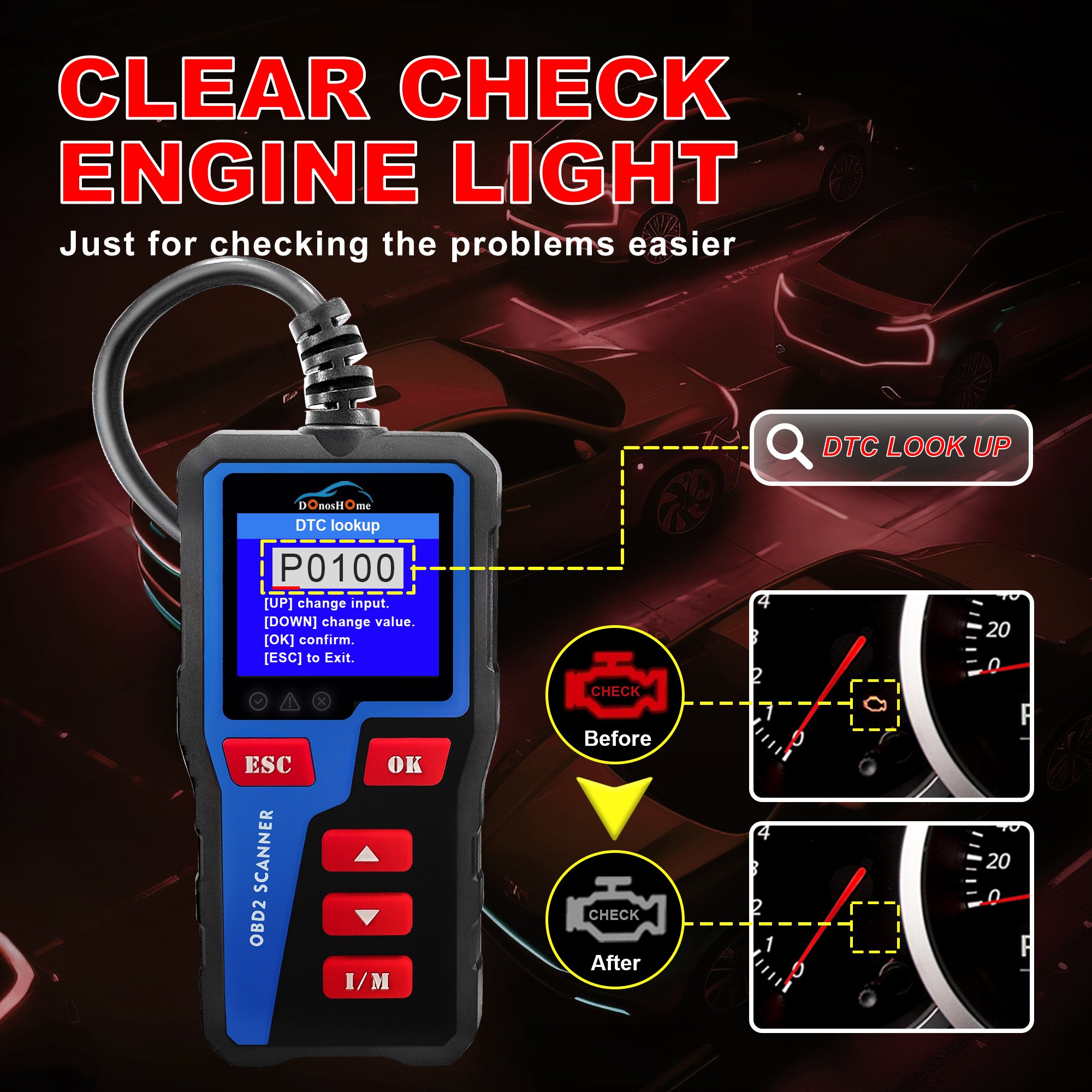 3-in-1 OBD2 Engine Fault Code Reader Battery Level Indicator Voltmeter Freeze Frame DTC Lookup I/M Readiness Cranking Test