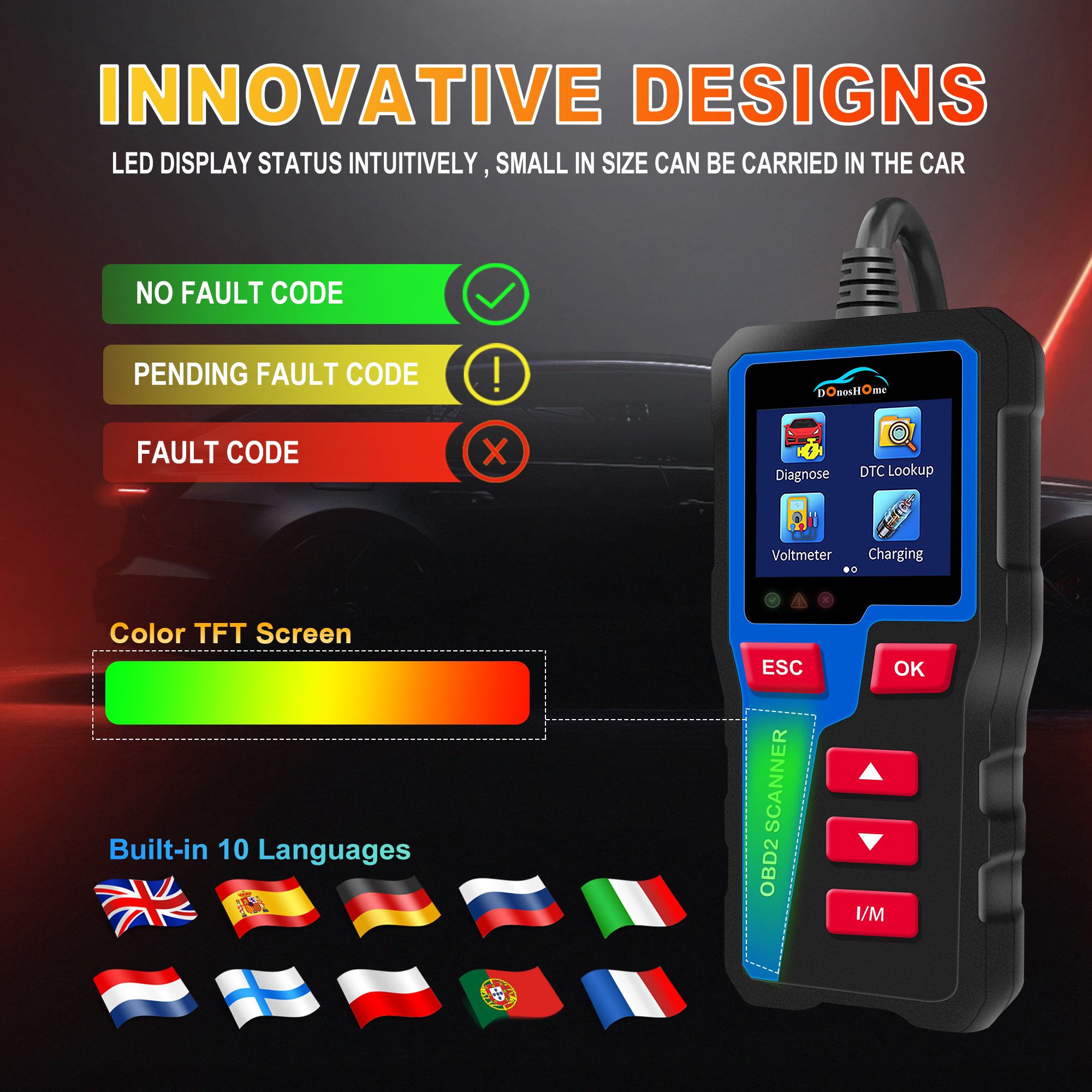 3-in-1 OBD2 Engine Fault Code Reader Battery Level Indicator Voltmeter Freeze Frame DTC Lookup I/M Readiness Cranking Test