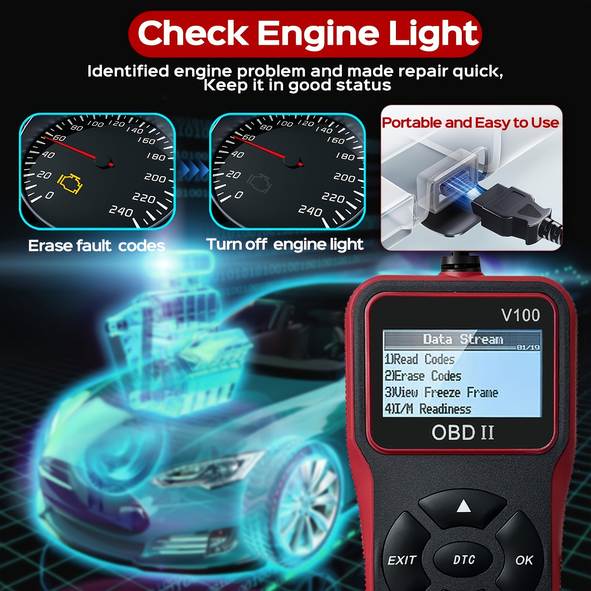 OBD2 Diagnostic Scanner Tool Advanced Code Reader Engine Fault Detector, Battery Tester, I/M Readiness Checker, and Code Eraser