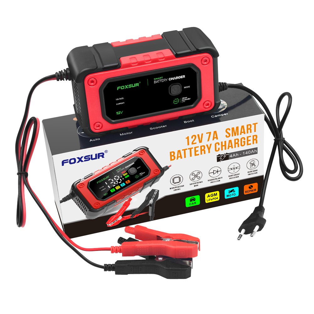 FOXSUR FBC1207E 12V/7A Smart Automobile Battery Charger Car Battery Jump Starter Car Battery Repair Machine Tester