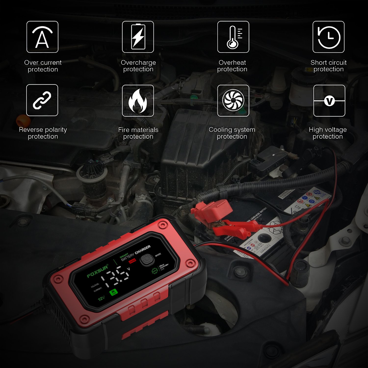 FOXSUR FBC1207E 12V/7A Smart Automobile Battery Charger Car Battery Jump Starter Car Battery Repair Machine Tester