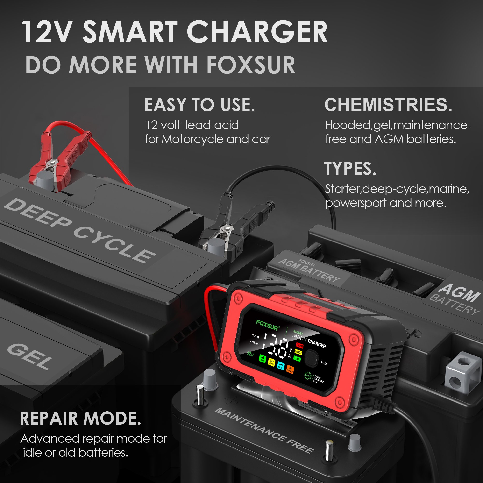 FOXSUR FBC1207E 12V/7A Smart Automobile Battery Charger Car Battery Jump Starter Car Battery Repair Machine Tester